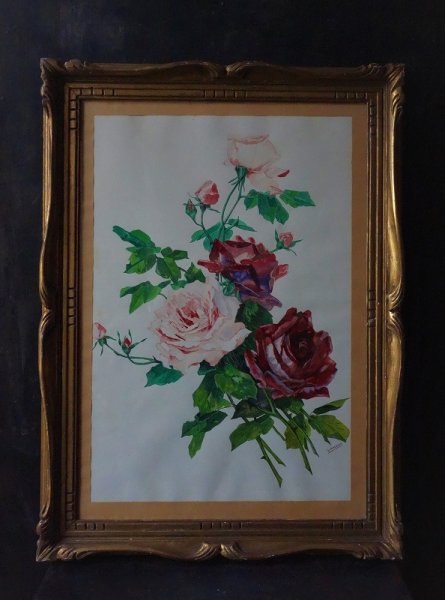画像1: 西洋アンティーク　フランス　薔薇の絵　水彩・ガッシュ・サイン　アート＆オブジェ　平面 (1)