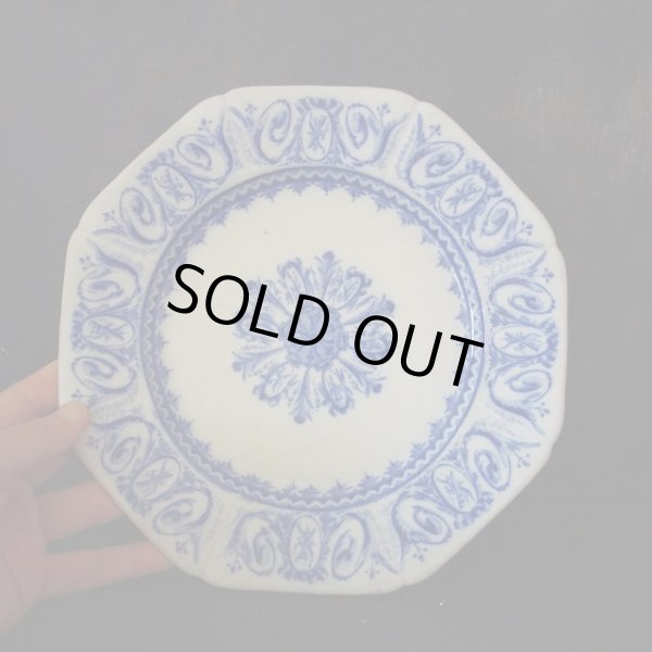 画像1: 西洋アンティーク　クレイユモントロー平皿　中　オクトゴナル青柄／テーブルウエア皿 (1)