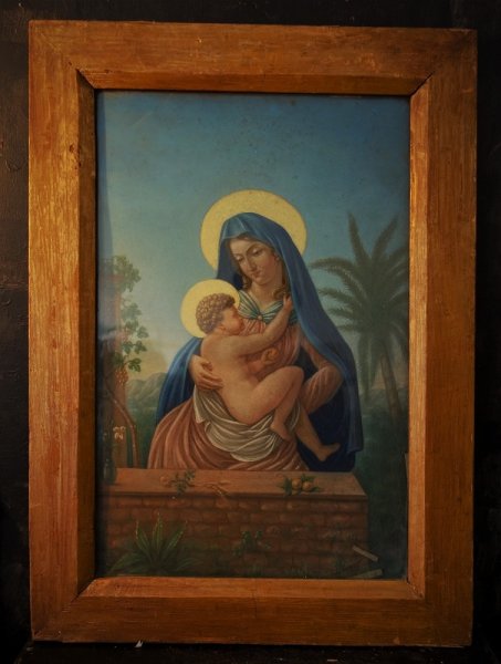 画像1: 西洋アンティーク　フランス宗教画　聖母子　1855年パステル画　／アート＆オブジェ平面 (1)