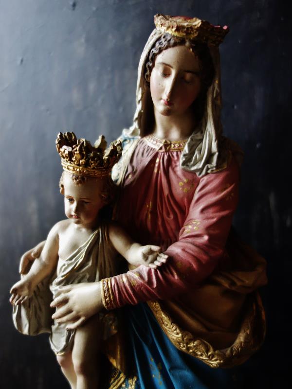 聖母子像 手造り 石彫彩色 ACHATITアンティーク - 置物