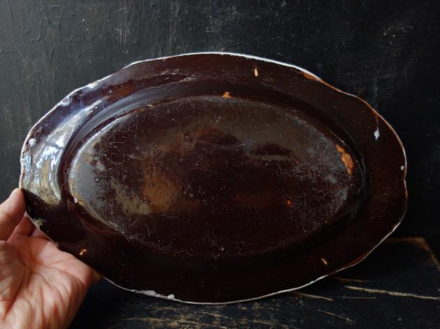 37cm特大皿 18-19世紀 キュノワール 花リムオーバル皿 Cul Noir 