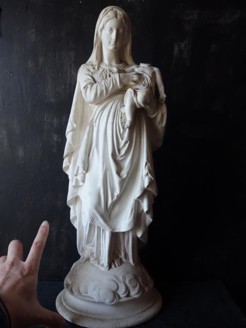 西洋骨董屋 フランスアンティーク １９世紀 聖母子の石膏像 作家サイン