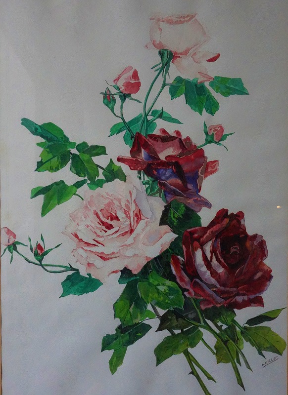 西洋アンティーク　フランス　薔薇の絵　水彩・ガッシュ・サイン　アート＆オブジェ　平面