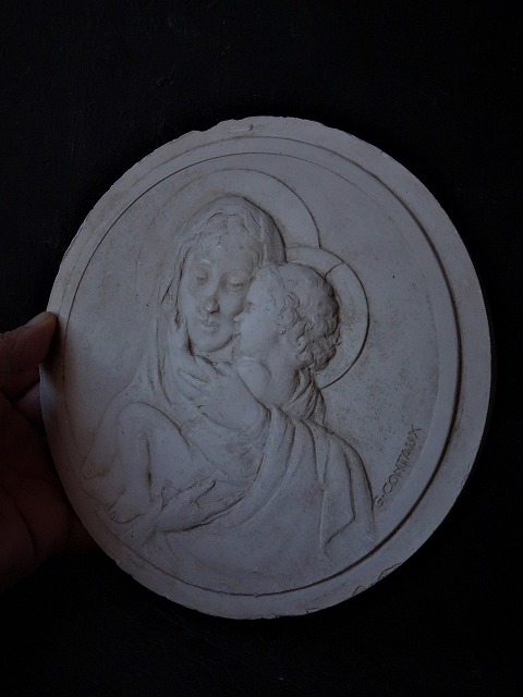 フランス西洋アンティーク 聖母子の石膏レリーフ メダイ メダル作家サイン