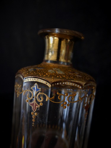 西洋アンティーク フランス 19世紀 エナメル装飾 十角の金彩ガラス瓶 