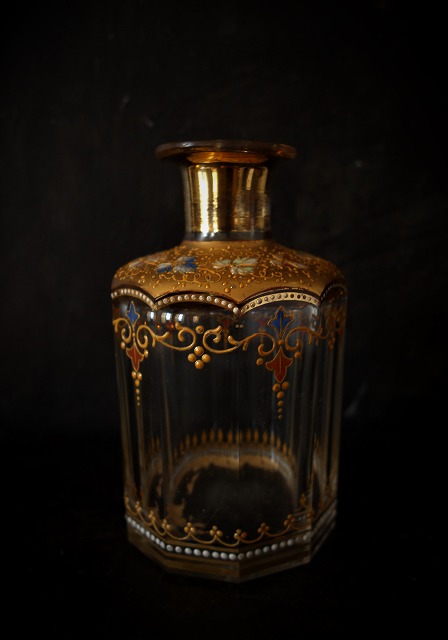 西洋アンティーク フランス 19世紀 エナメル装飾 十角の金彩ガラス瓶