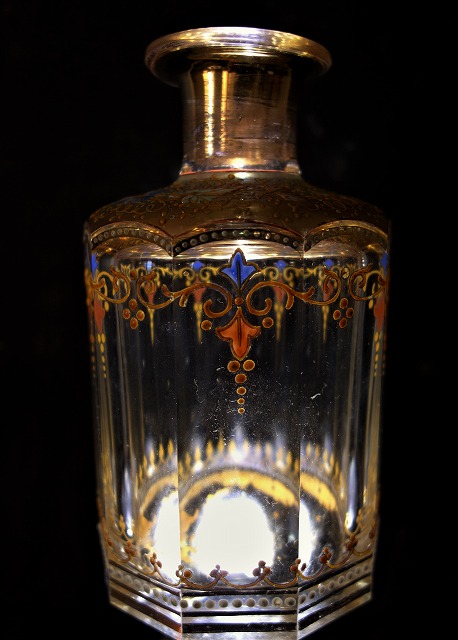 西洋アンティーク フランス 19世紀 エナメル装飾 十角の金彩ガラス瓶 