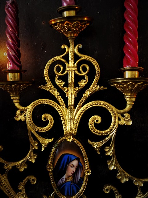 西洋アンティーク　フランス　聖母マリア　キャンドルホルダー　五灯の教会燭台　／照明器具                                        [2021juillet20]