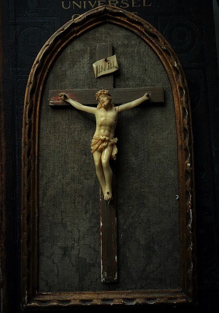 743 フランスアンティーク 木製 十字架 キリスト ディスプレイ インテリア