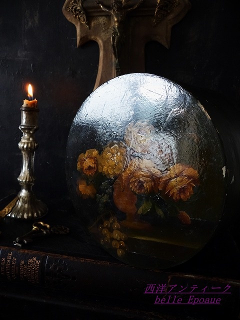 西洋アンティーク フランス 手描き静物画花の絵 丸い木箱 ／室内装飾品