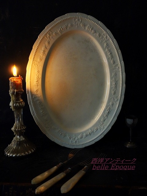 西洋アンティーク　リボン＆フラワーガーランド　アイボリー　オーバルプレート　楕円皿　／テーブルウエア　食器