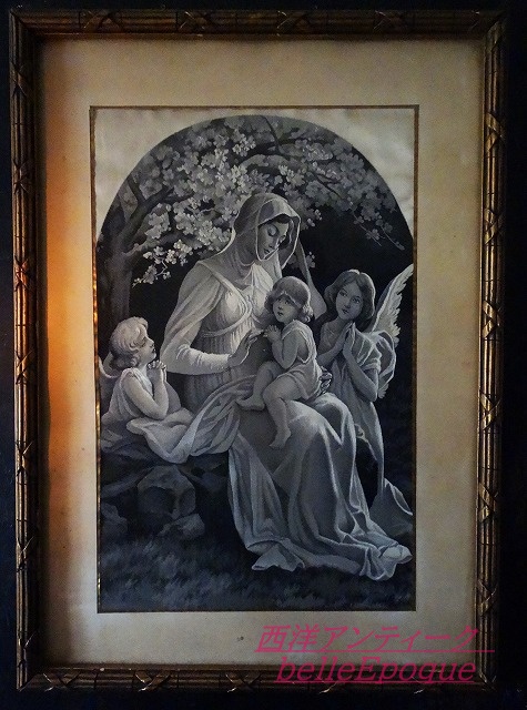 西洋アンティーク 聖母子と天使 絹織物 漆喰装飾レリーフ額縁 ／アート